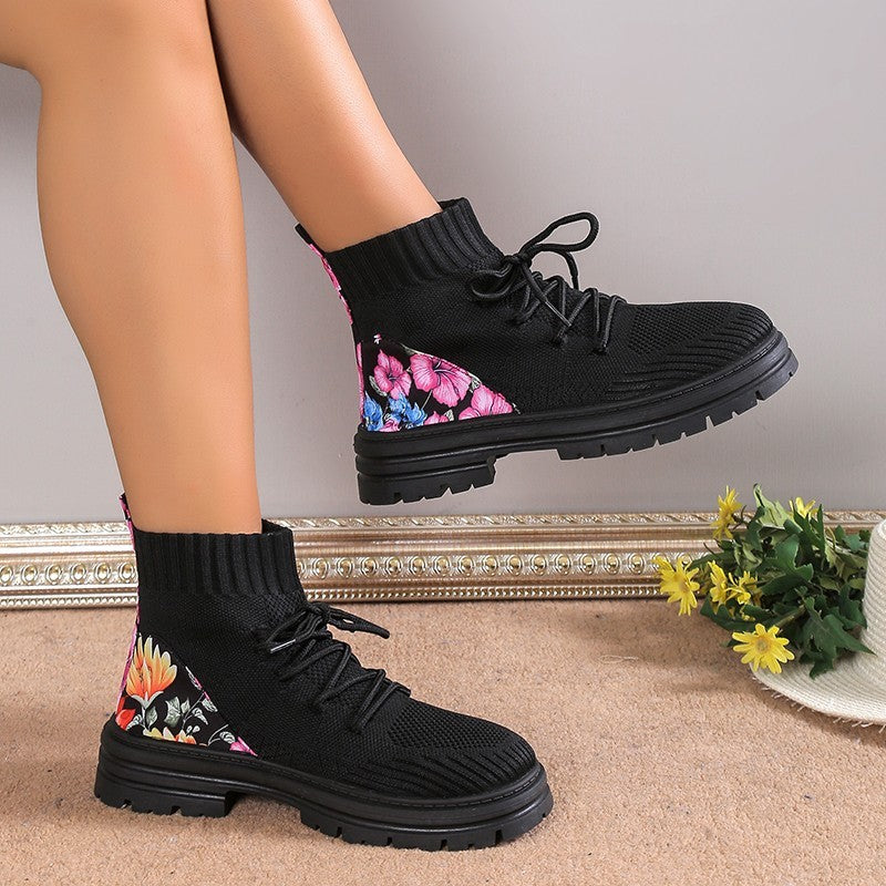 Women's Floral Sock Boots - Breathable Knitted Mesh High-Top Ankle Boots