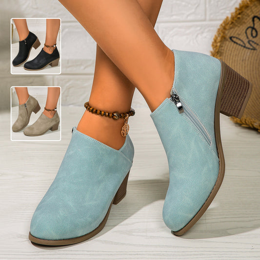 Women's Chunky Heel Ankle Boots - Side Zipper Fashion Boots