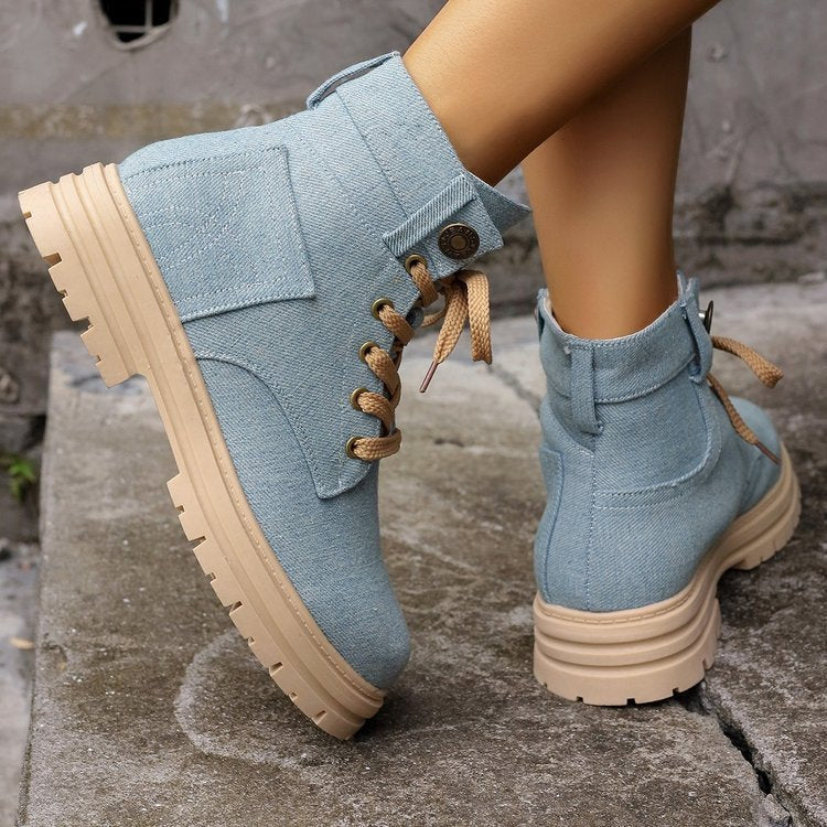Women's Lace-Up Denim Ankle Boots - Fashion Platform Cowboy Boots