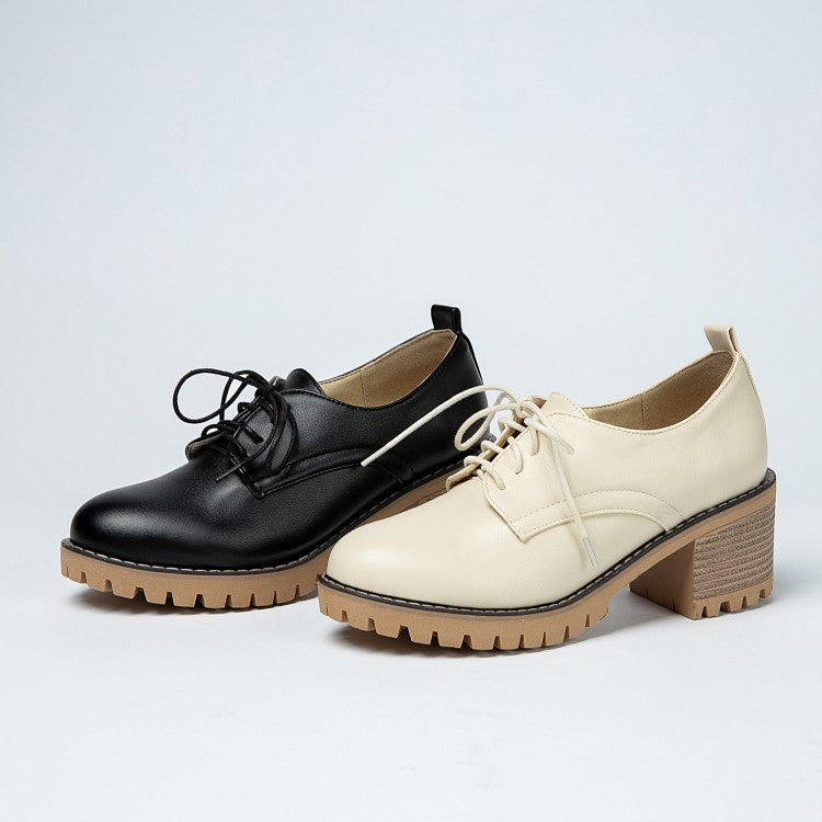 Women's Lace-Up Thick-Heel Leather Shoes - Student Single Shoes for Spring & Autumn