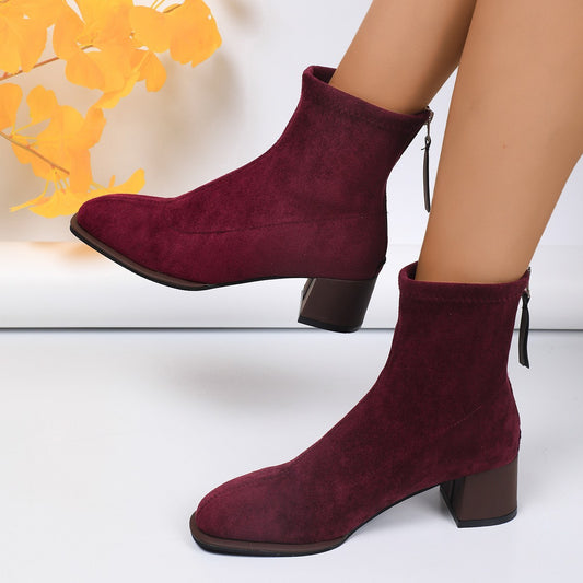 Women's Round Toe Chunky Heel Boots - New High Heel Fashion Ankle Boots