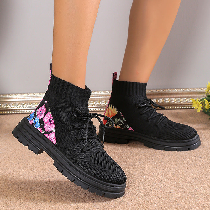 Women's Floral Sock Boots - Breathable Knitted Mesh High-Top Ankle Boots