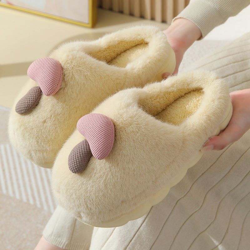Women's Cute Mushroom Cotton Slippers - Thick-Soled Plush Winter House Shoes