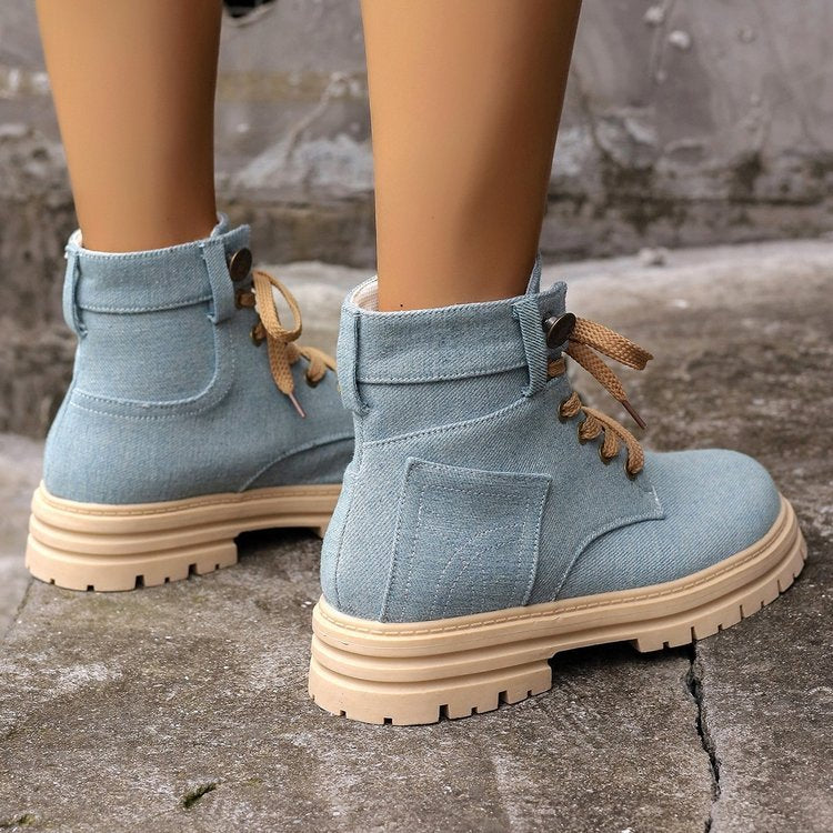 Women's Lace-Up Denim Ankle Boots - Fashion Platform Cowboy Boots