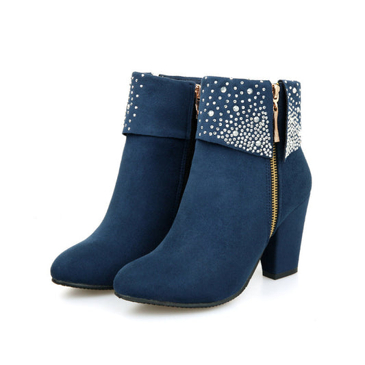 Women's Rhinestone Nubuck Short Heel Boots - Sparkly Ankle Fashion Boots