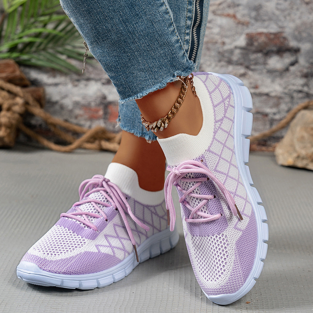 Women's Colorblock Plaid Flyknit Sneakers - Fashion Walking Shoes