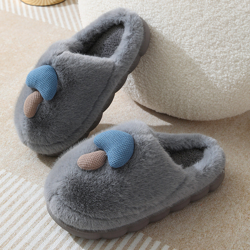 Women's Cute Mushroom Cotton Slippers - Thick-Soled Plush Winter House Shoes