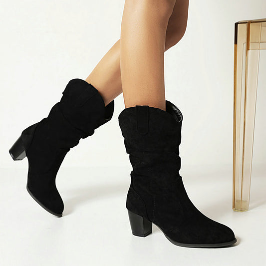 Women's Chunky Heel Mid-Calf Boots - Frosted High Heel Fashion Boots