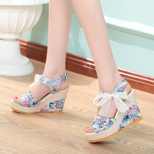Lace-Up Wedge Heel Sandals - Women's High Heel Strappy Summer Shoes