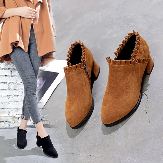 British Style Frosted Martin Boots - Women's Pointed Toe Thick Heel Ankle Boots