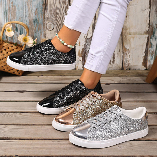 Women's Plus Size Sequined Sneakers - Lace-Up Board Shoes