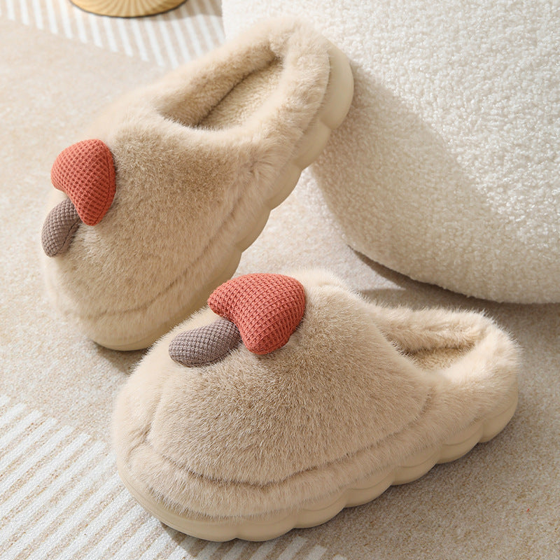Women's Cute Mushroom Cotton Slippers - Thick-Soled Plush Winter House Shoes