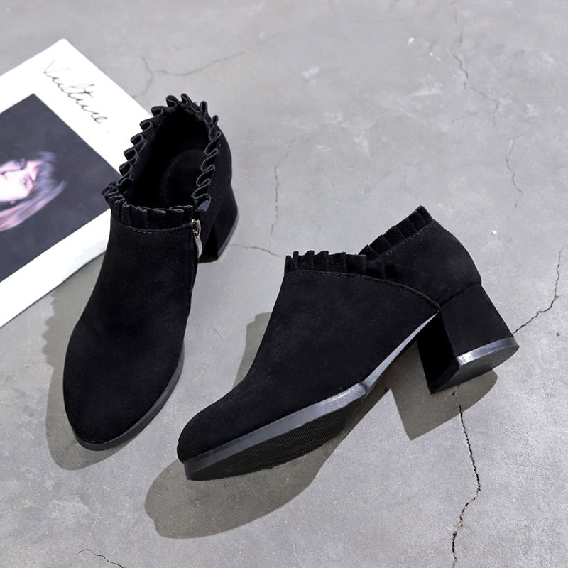 British Style Frosted Martin Boots - Women's Pointed Toe Thick Heel Ankle Boots