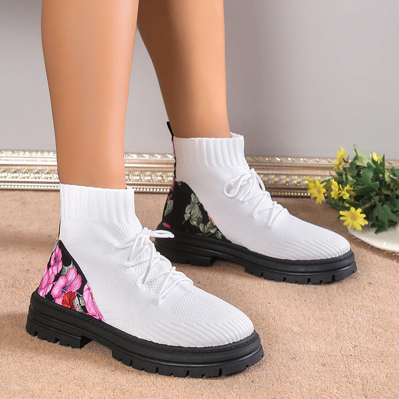 Women's Floral Sock Boots - Breathable Knitted Mesh High-Top Ankle Boots