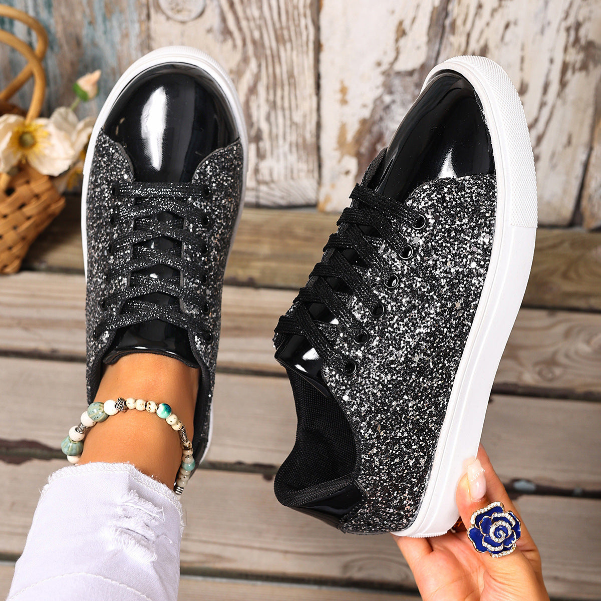 Women's Plus Size Sequined Sneakers - Lace-Up Board Shoes