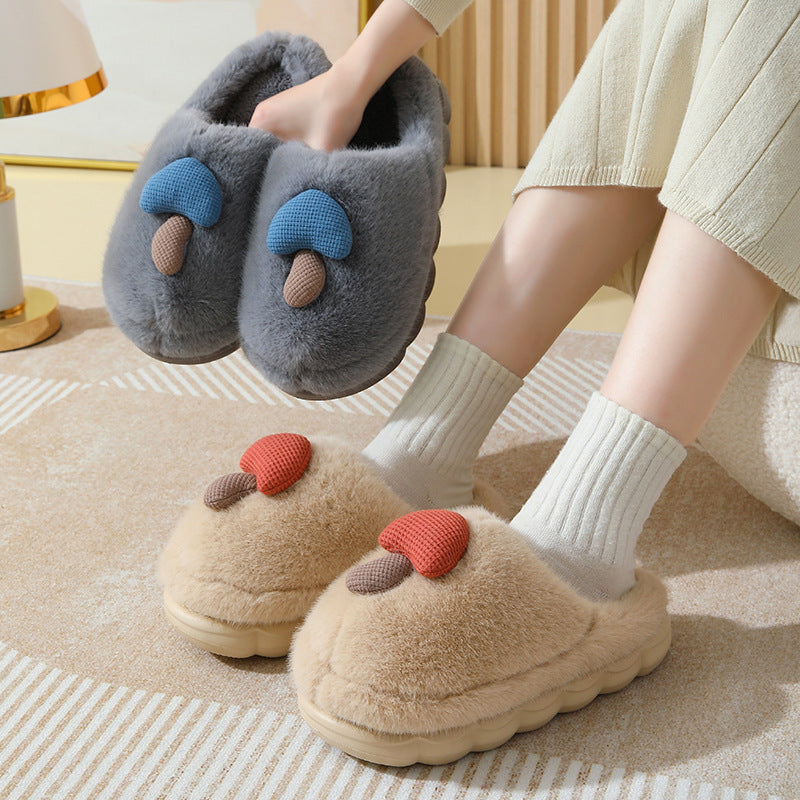 Women's Cute Mushroom Cotton Slippers - Thick-Soled Plush Winter House Shoes