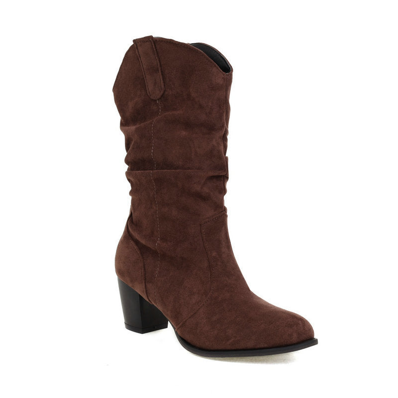 Women's Chunky Heel Mid-Calf Boots - Frosted High Heel Fashion Boots