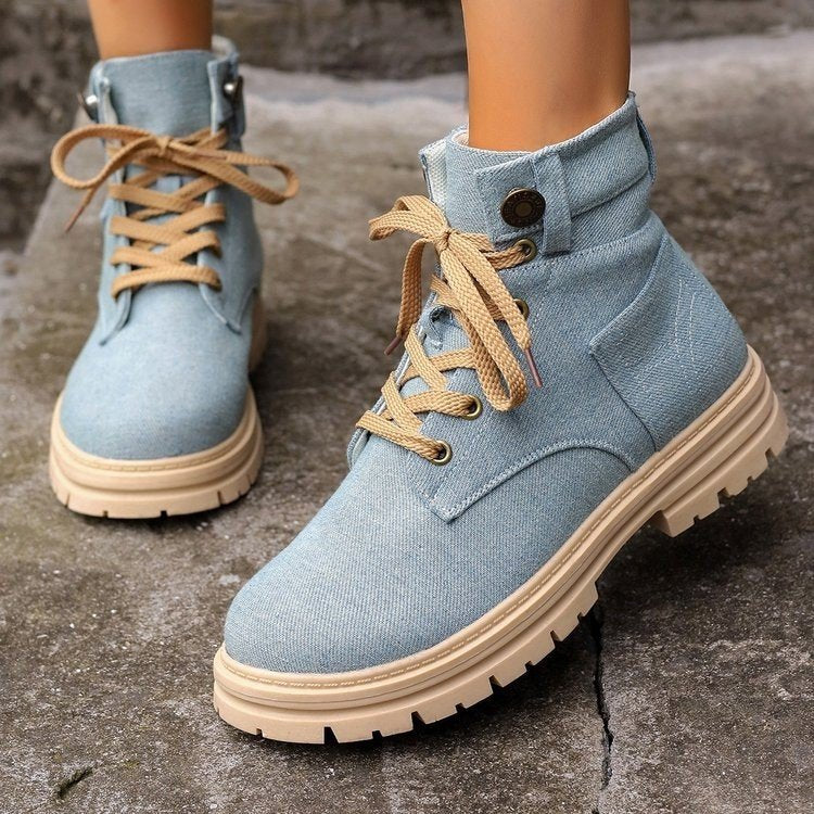 Women's Lace-Up Denim Ankle Boots - Fashion Platform Cowboy Boots