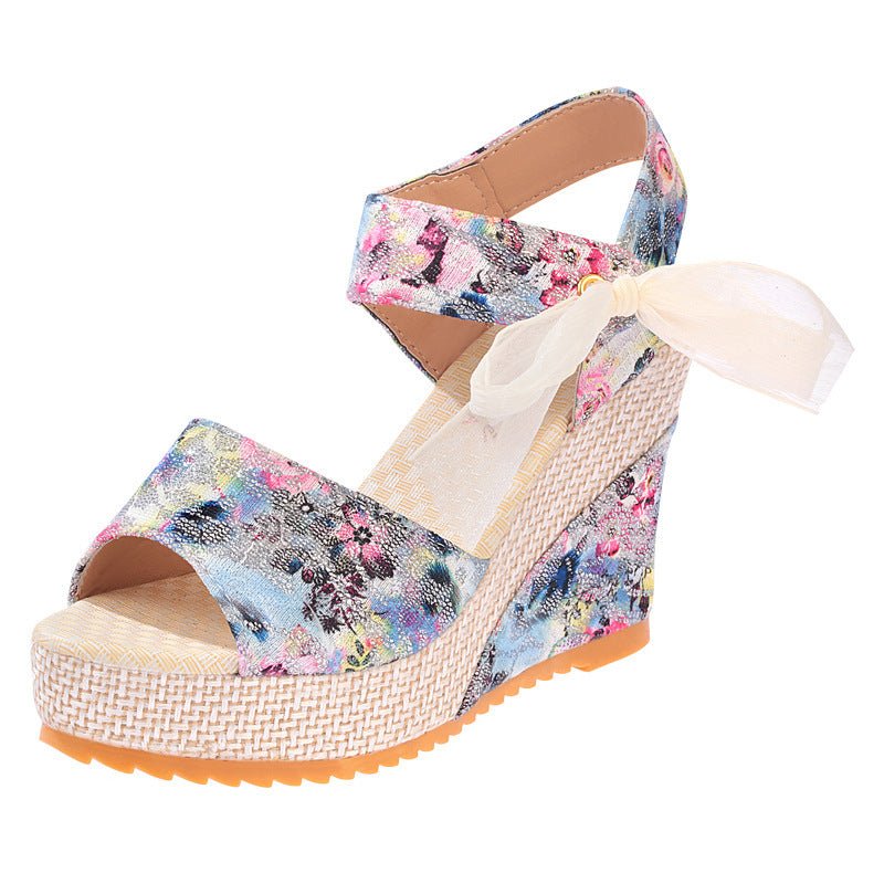 Lace-Up Wedge Heel Sandals - Women's High Heel Strappy Summer Shoes