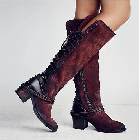 Women's Chunky Heel Knight Boots - Back Lace-Up Tall Fashion Boots