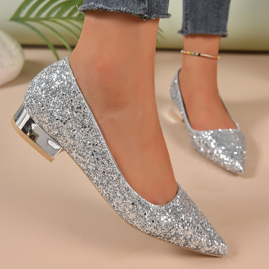 Women's Crystal Sequins Low Heel Shoes - Sparkly Comfortable Dress Shoes