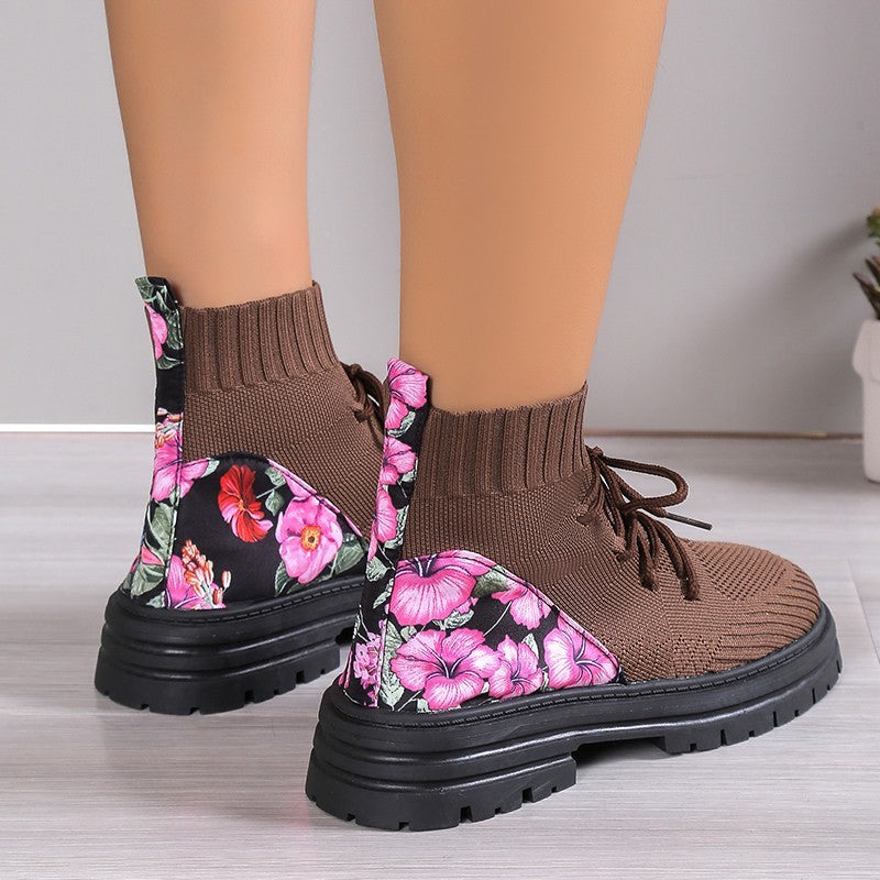 Women's Floral Sock Boots - Breathable Knitted Mesh High-Top Ankle Boots