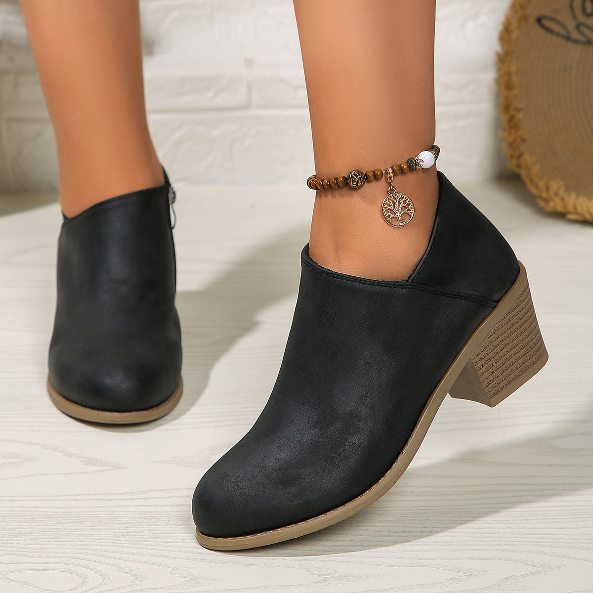 Women's Chunky Heel Ankle Boots - Side Zipper Fashion Boots