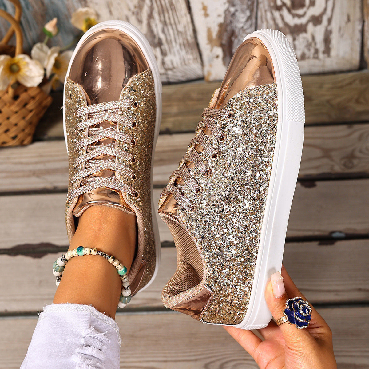 Women's Plus Size Sequined Sneakers - Lace-Up Board Shoes