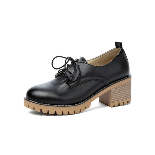 Women's Lace-Up Thick-Heel Leather Shoes - Student Single Shoes for Spring & Autumn