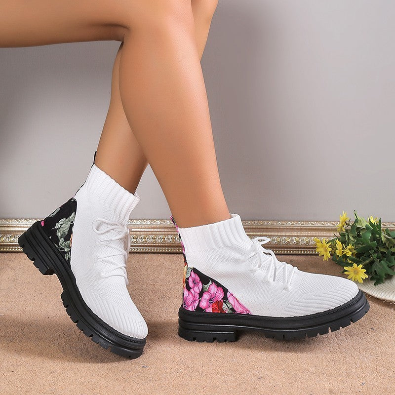 Women's Floral Sock Boots - Breathable Knitted Mesh High-Top Ankle Boots
