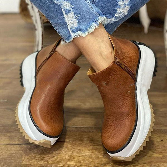 Women's Platform Ankle Boots - Thick-Soled Warm Winter Boots with Side Zipper